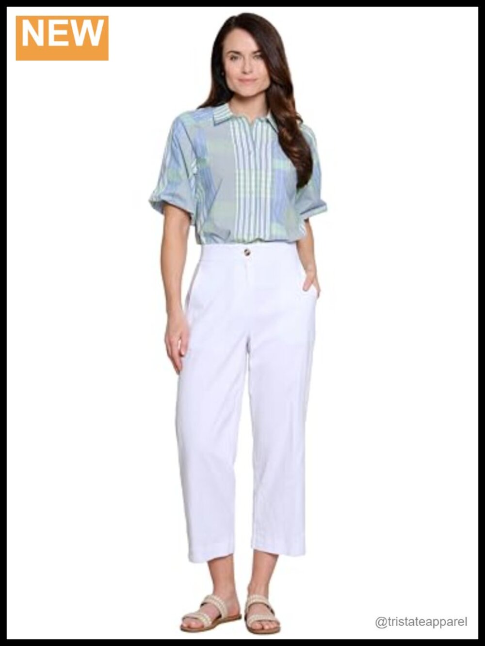 Woven Yarn Dye Button Front Blouse Elbow Sleeve Point Collar Cotton